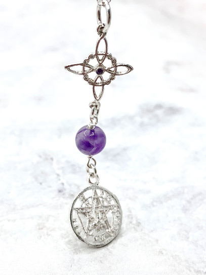 Collar triple protección de plata: Nudo de Bruja con Amatista y Tetragramatón