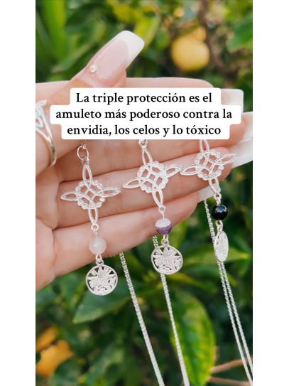 Collar triple protección de plata: Nudo de Bruja con Rubí y Tetragramatón con Amatista