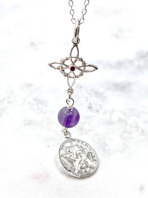 Triple protection silver necklace: Witch's Knot with Ruby and Tetragrammaton with Amethyst