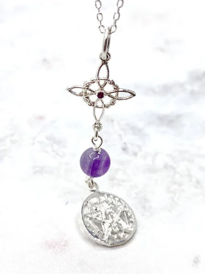 Triple protection silver necklace: Witch's Knot with Ruby and Tetragrammaton with Amethyst
