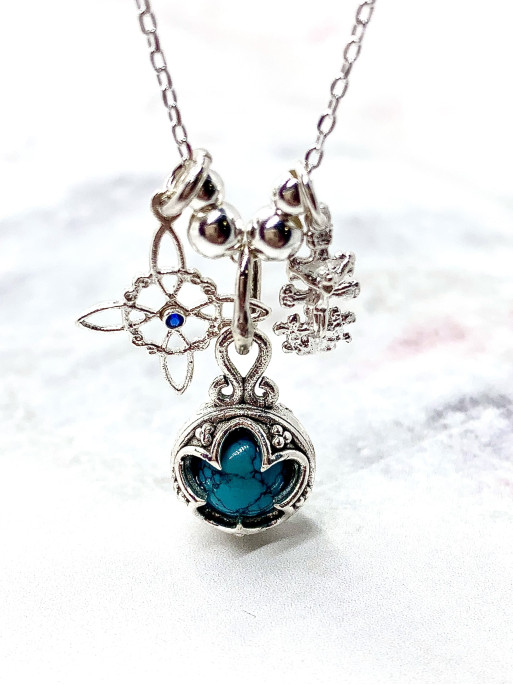 Triple protection silver necklace: Gotland Turquoise Mini, Witches Knot and Caravaca Cross