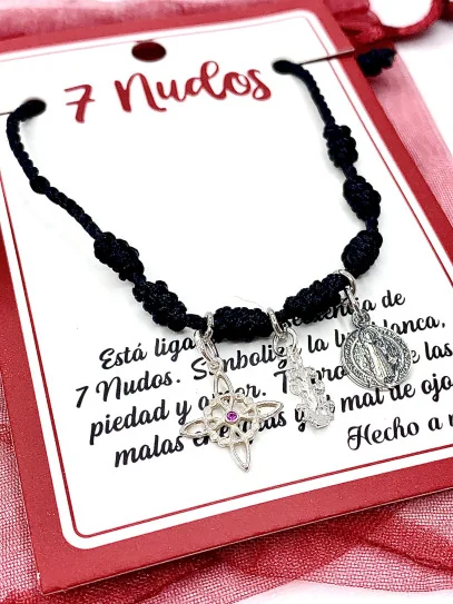 Pulsera 7 nudos negra triple protección: Nudo de Bruja, Cruz de Caravaca y Medalla de San Benito de plata