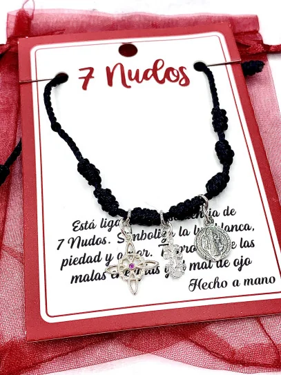 Pulsera 7 nudos negra triple protección: Nudo de Bruja, Cruz de Caravaca y Medalla de San Benito de plata