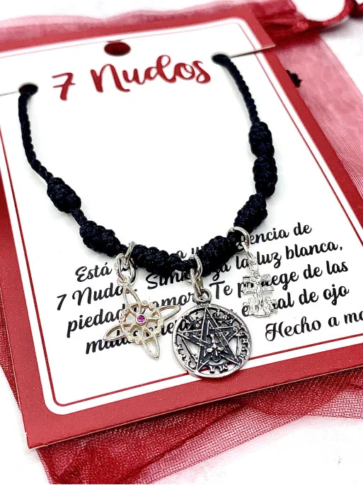 Pulsera 7 nudos negra triple protección: Nudo de Bruja, Cruz de Caravaca y Tetragramatón de plata