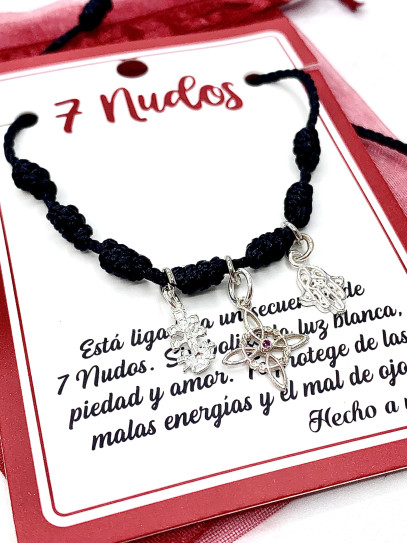 Pulsera 7 nudos negra triple protección: Nudo de Bruja, Cruz de Caravaca y Mano de Fátima de plata