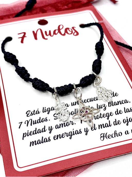Pulsera 7 nudos negra triple protección: Nudo de Bruja, Cruz de Caravaca y Mano de Fátima de plata