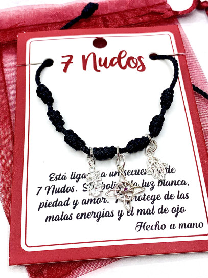 Pulsera 7 nudos negra triple protección: Nudo de Bruja, Cruz de Caravaca y Mano de Fátima de plata