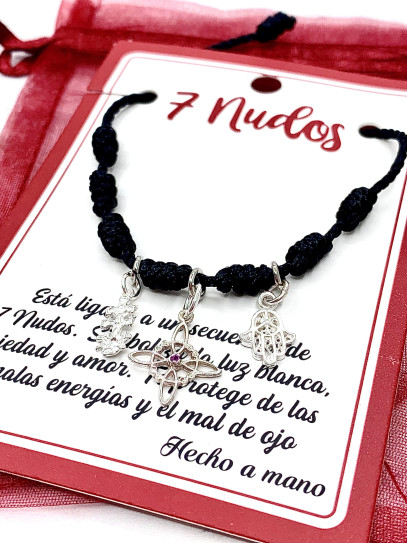7-knot black triple protection bracelet: Witch's Knot, Caravaca Cross and Hand of Fatima in silver