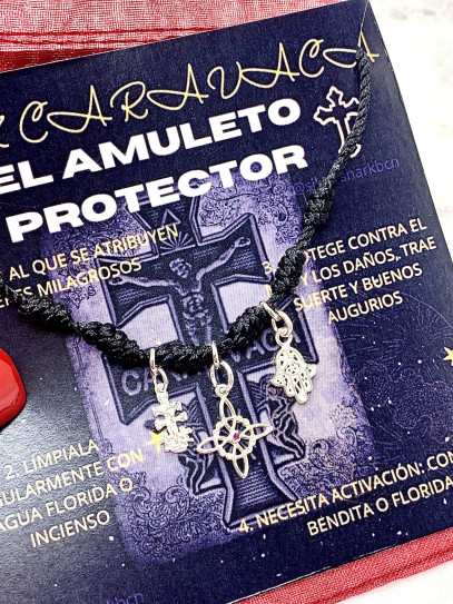 Pulsera 7 nudos negra triple protección: Nudo de Bruja, Cruz de Caravaca y Mano de Fátima de plata