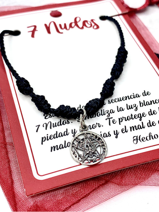 Pulsera negra de los 7 nudos de protección y Tetragramatón de plata