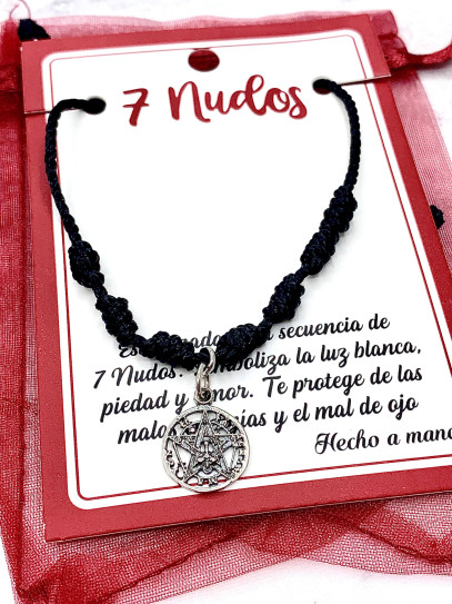 Pulsera negra de los 7 nudos de protección y Tetragramatón de plata