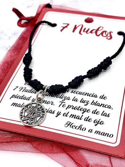 Pulsera negra de los 7 nudos de protección y Tetragramatón de plata