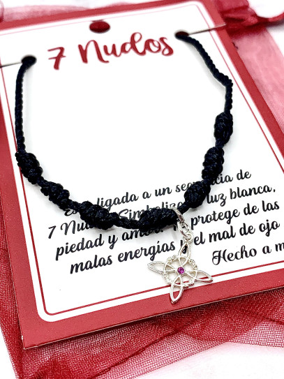 Pulsera negra de los 7 nudos de protección y Nudo de Brujas - Rubí