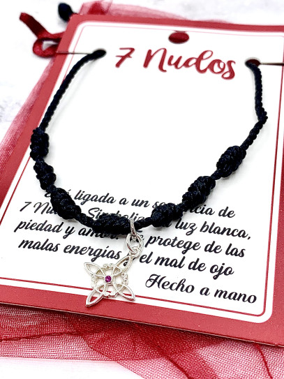 Pulsera negra de los 7 nudos de protección y Nudo de Brujas - Rubí