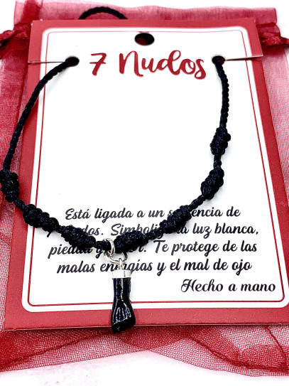 Pulsera negra de los 7 nudos de protección y Puño de Azabache de plata
