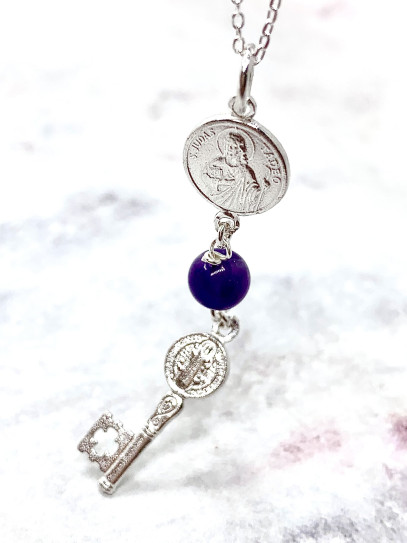 Triple protection silver necklace: Key to open the path, Medal of Saint Benedict, Saint Jude Thaddeus and Amethyst