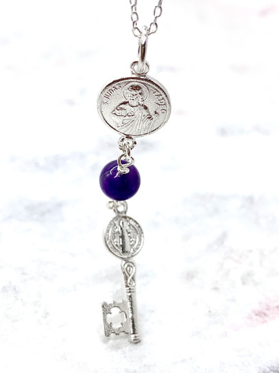 Triple protection silver necklace: Key to open the path, Medal of Saint Benedict, Saint Jude Thaddeus and Amethyst