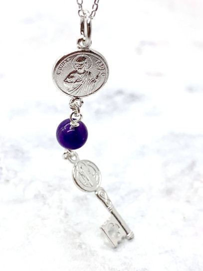 Triple protection silver necklace: Key to open the path, Medal of Saint Benedict, Saint Jude Thaddeus and Amethyst