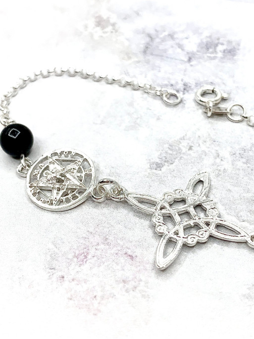 Triple protection silver anklet: Witches Knot, Tetragrammaton with Tourmaline