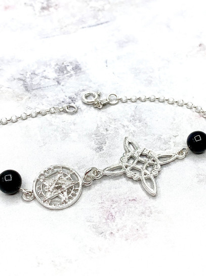 Triple protection silver anklet: Witches Knot, Tetragrammaton with Tourmaline