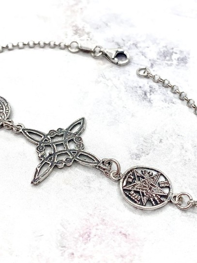 Triple protection silver anklet: Witches Knot, Tetragrammaton and Saint Benedict Medal