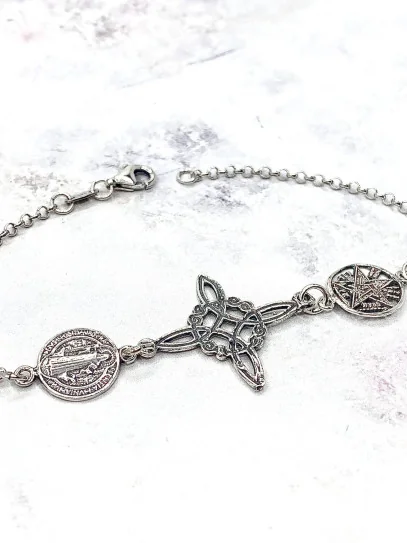 Triple protection silver anklet: Witches Knot, Tetragrammaton and Saint Benedict Medal