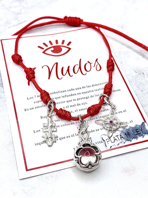 Pulsera triple protección: Gotland de Cuarzo, Nudo de Bruja y Cruz de Caravaca