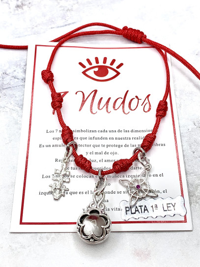 Pulsera triple protección: Gotland de Cuarzo, Nudo de Bruja y Cruz de Caravaca