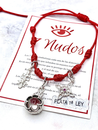 Pulsera triple protección: Gotland de Cuarzo, Nudo de Bruja y Cruz de Caravaca