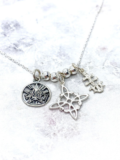 Triple protection silver necklace: Witch's Knot, Caravaca Cross and Tetragrammaton
