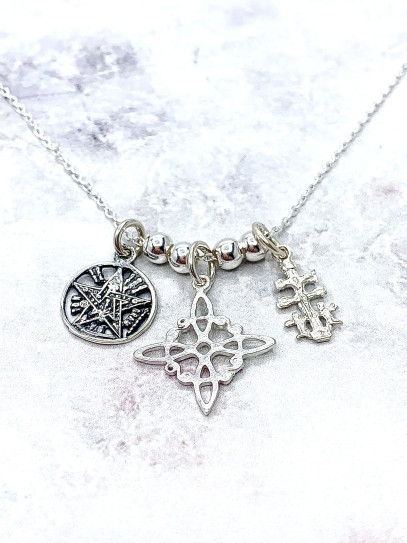 Triple protection silver necklace: Witch's Knot, Caravaca Cross and Tetragrammaton