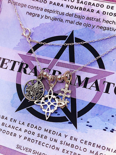 Triple protection silver necklace: Witch's Knot, Caravaca Cross and Tetragrammaton