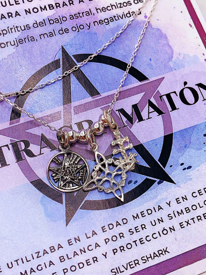 Triple protection silver necklace: Witch's Knot, Caravaca Cross and Tetragrammaton