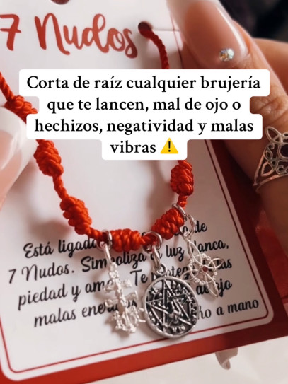 Pulsera 7 nudos roja triple protección: Nudo de Bruja, Cruz de Caravaca y Medalla de San Benito de plata