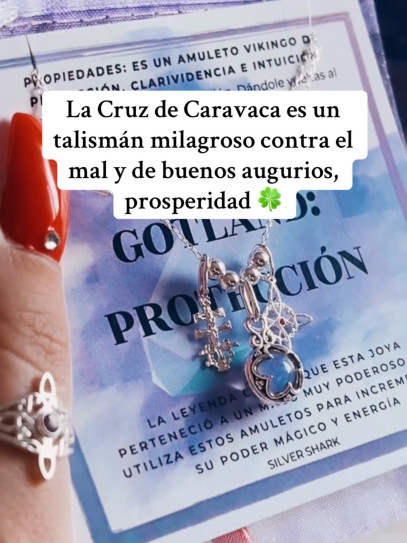 Collar triple protección de plata: Gotland Cuarzo transparente, Nudo de Bruja y Cruz de Caravaca