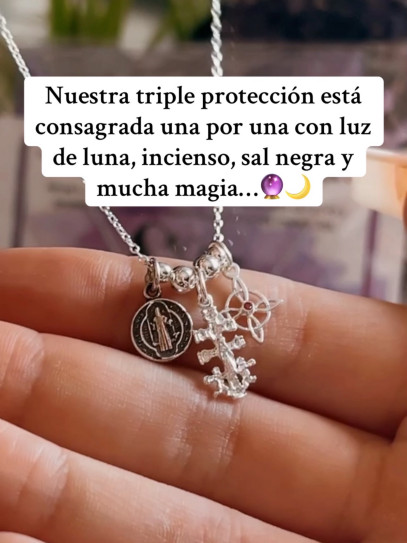 Collar triple protección de plata: Nudo de Bruja, Cruz de Caravaca y Medalla de San Benito