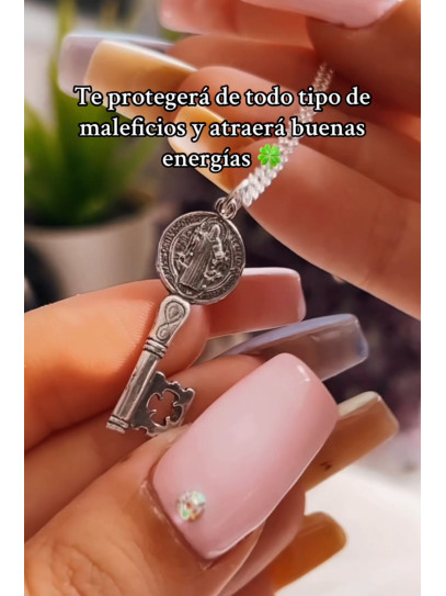 Triple protection silver necklace: Key to open the path, Medal of Saint Benedict, Saint Jude Thaddeus and Black Obsidian