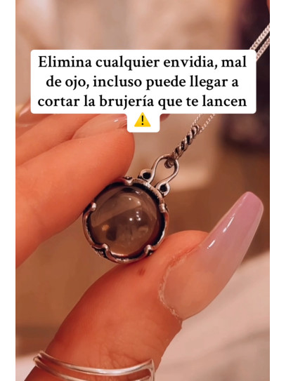 Collar triple protección de plata: Gotland Cuarzo ahumado mini, Nudo de Bruja y Cruz de Caravaca