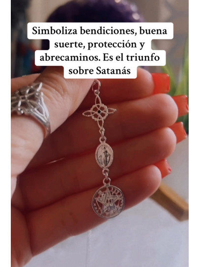 Collar triple protección: Nudo de Bruja, Medalla Virgen de la Milagrosa Amatista y Tetragramatón