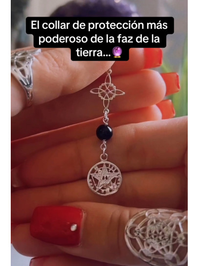 Triple protection silver necklace: Amethyst Witches Knot and Tetragrammaton with Tourmaline