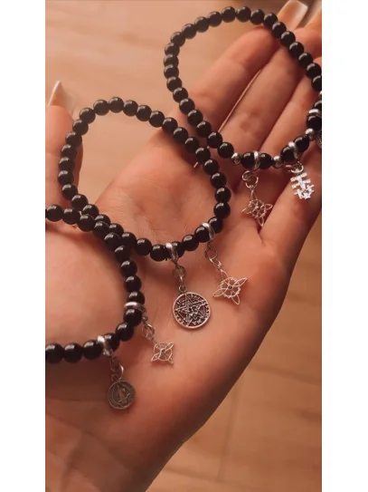 Tobillera triple protección de plata: Nudo de Bruja y Tetragramatón con Turmalina