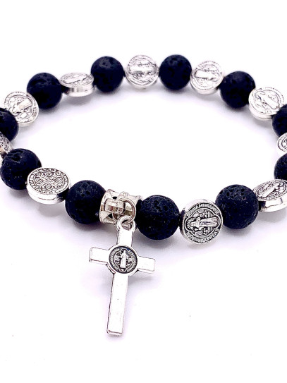 Pulsera piedra volcánica y Medalla de San Benito | Protección contra el mal
