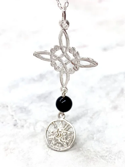 Triple Protection Silver Necklace – Witch’s Knot, Tetragrammaton & Black Obsidian