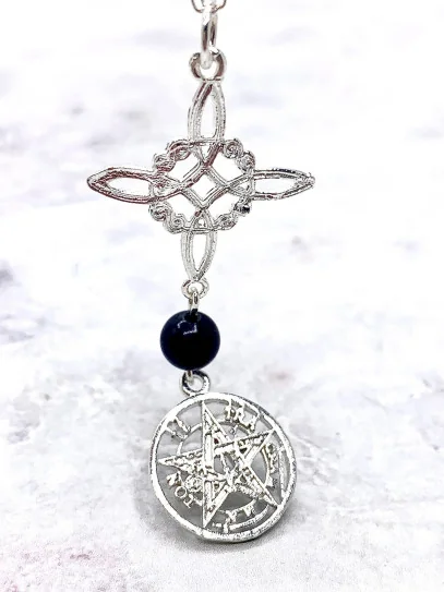 Collaret Triple Protecció de Plata – Nus de Bruixa, Tetragramató i Obsidiana Negra