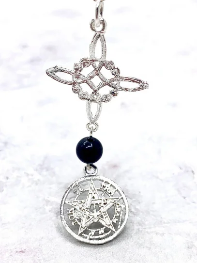 Collaret Triple Protecció de Plata – Nus de Bruixa, Tetragramató i Obsidiana Negra