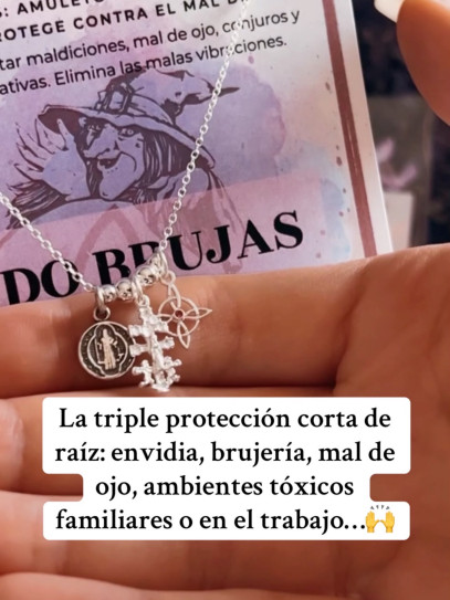 Triple protection necklace with beads: Witch's Knot, Caravaca Cross and Saint Benedict Medal