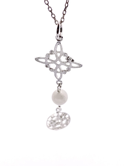 Collar triple protección de plata: Nudo de Bruja y Tetragramatón - Cuarzo blanco