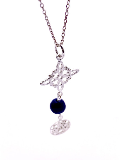 Triple protection silver necklace: Witch's Knot and Tetragrammaton - Lapis Lazuli