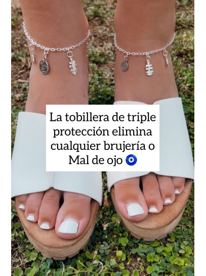 Triple protection silver anklet: Witch's Knot, Caravaca Cross and Medal of Saint Benedict