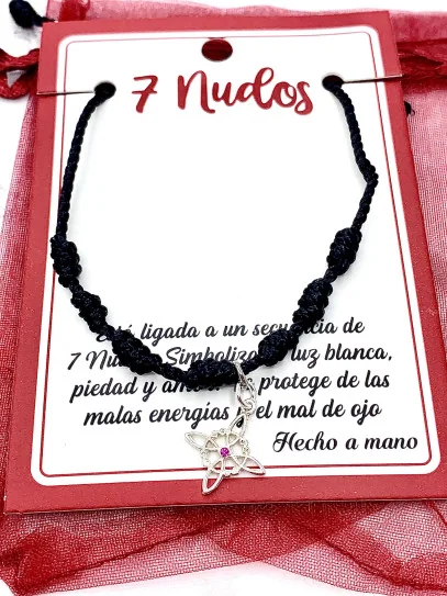 Tobillera negra de los 7 nudos de protección y Nudo de Brujas - Rubí